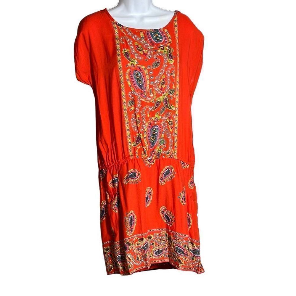 Angie Women's Short Sleeve Paisley Blouson Orange Casual Mini Dress Size S
